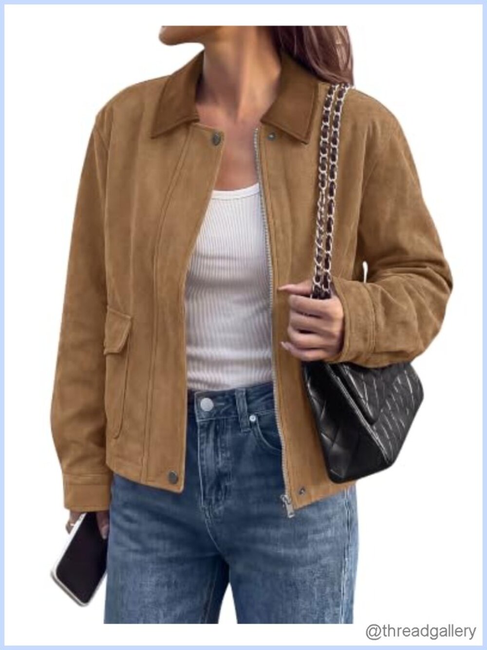 Faux Suede Jacket Women Leather Lapel Zip Up Button Down Fall Winter
